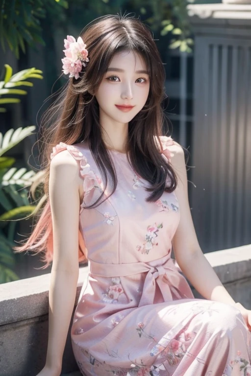 araffe gitl in a pink dress sitting on a ledge, wearing pink floral gown, xintong chen, Gorgeous young Korean girl, ulzzangs, gorgeous chinese models, beautiful Korean women, Beautiful young Korean woman, Wearing a pink dress, Pink dress, wearing a pink dress, yanjun cheng, Shin Jinying, cute beautiful, beautiful pretty young pretty eyes with smile face white skin long hair girl age girl