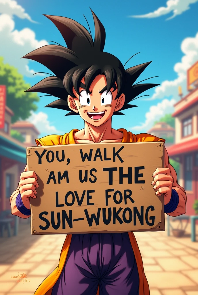 Kakarot holding a sign "love Sun Wukong", Smile, Happy, Reality, Vibrant colors, Fascinating