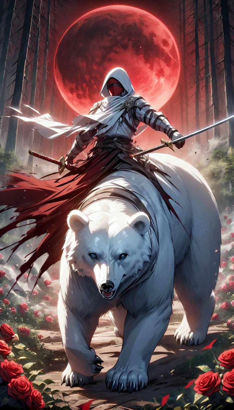 Dynamic picture, in it a man with a white hood with bear ears and a katana is riding a polar bear in a forest while the blood moon shines, many Roses cover the ground and lightning falls from the sky. The man wears a red blindfold.