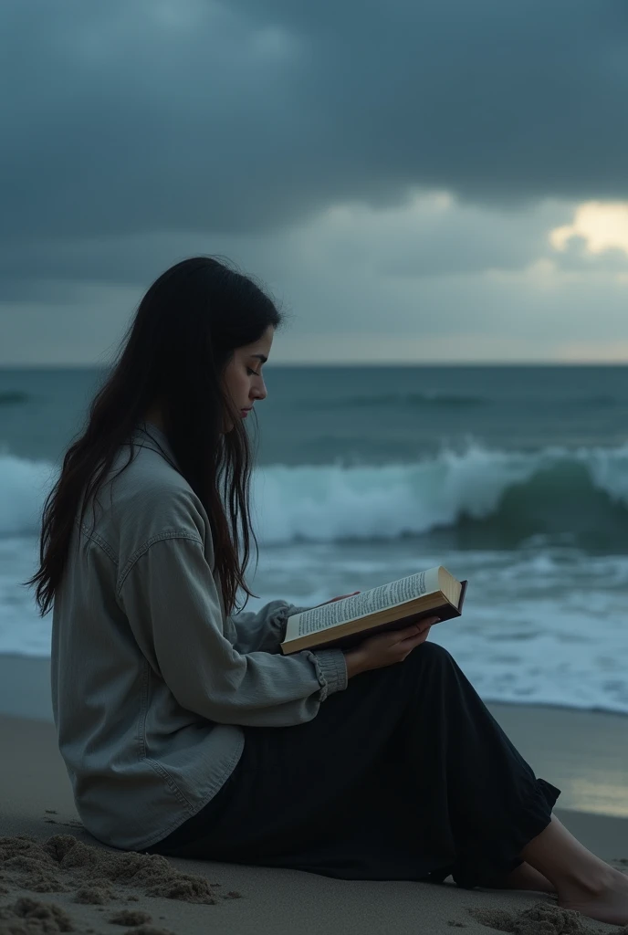 A kerala modern female faur skin tone alone in the sea shore reading book. Long shot. Dark cloud and sea background. Sitting face to the sea. Realistic image. Twilight
