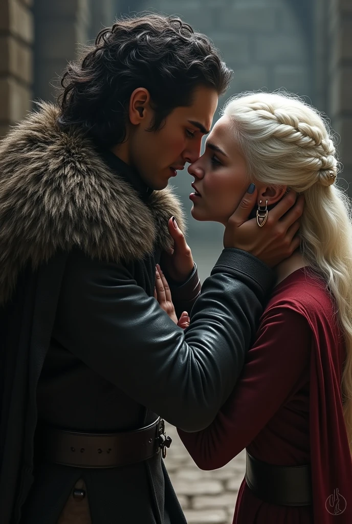 YOUNG Daemon Targaryen grabbing the neck with his right hand of a age Daenarys Targaryen in an angry manner