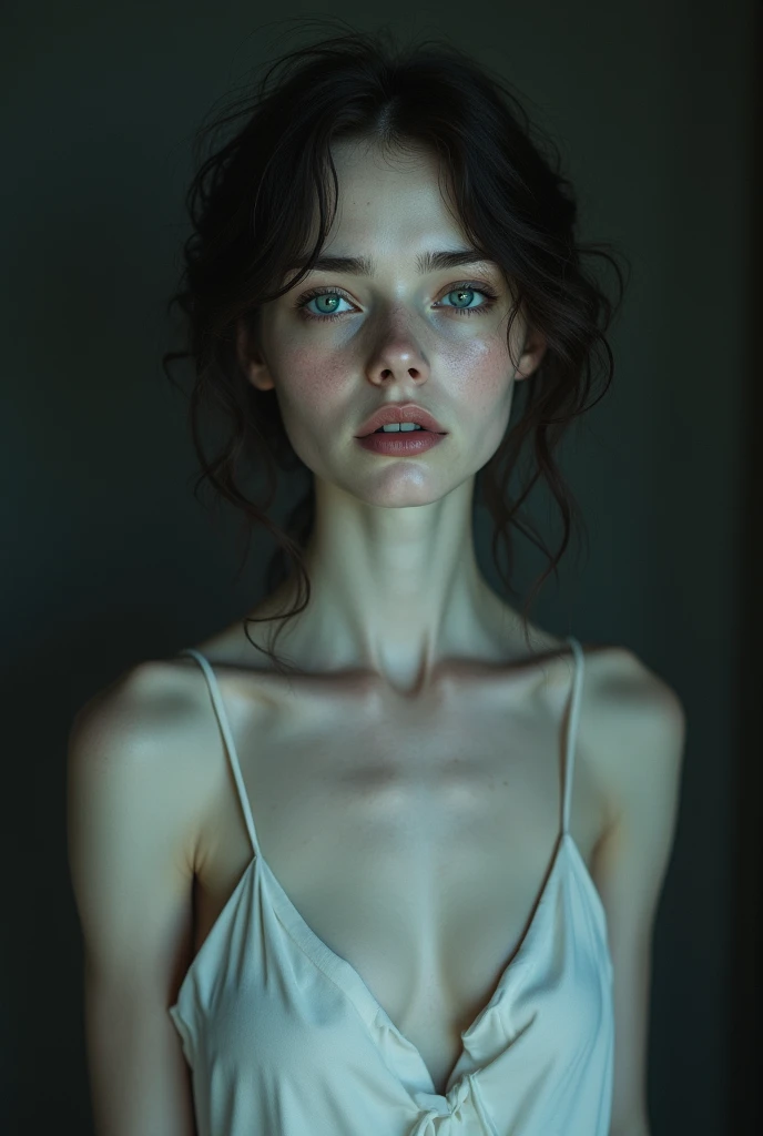 bare breasts, へそ, (body skinny:1.3)、(ssmile:1.5)、(nude:1.5)、(A is ..:1.5)、sad , perfect blue eyes, pale gothic skin, smooth and silky skin,