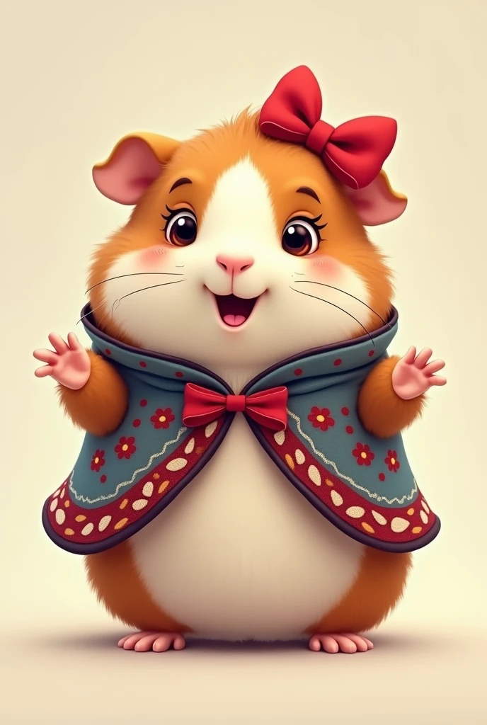 Female guinea pig with a red bow on her head and a poncho Happy and with her hands outstretched
