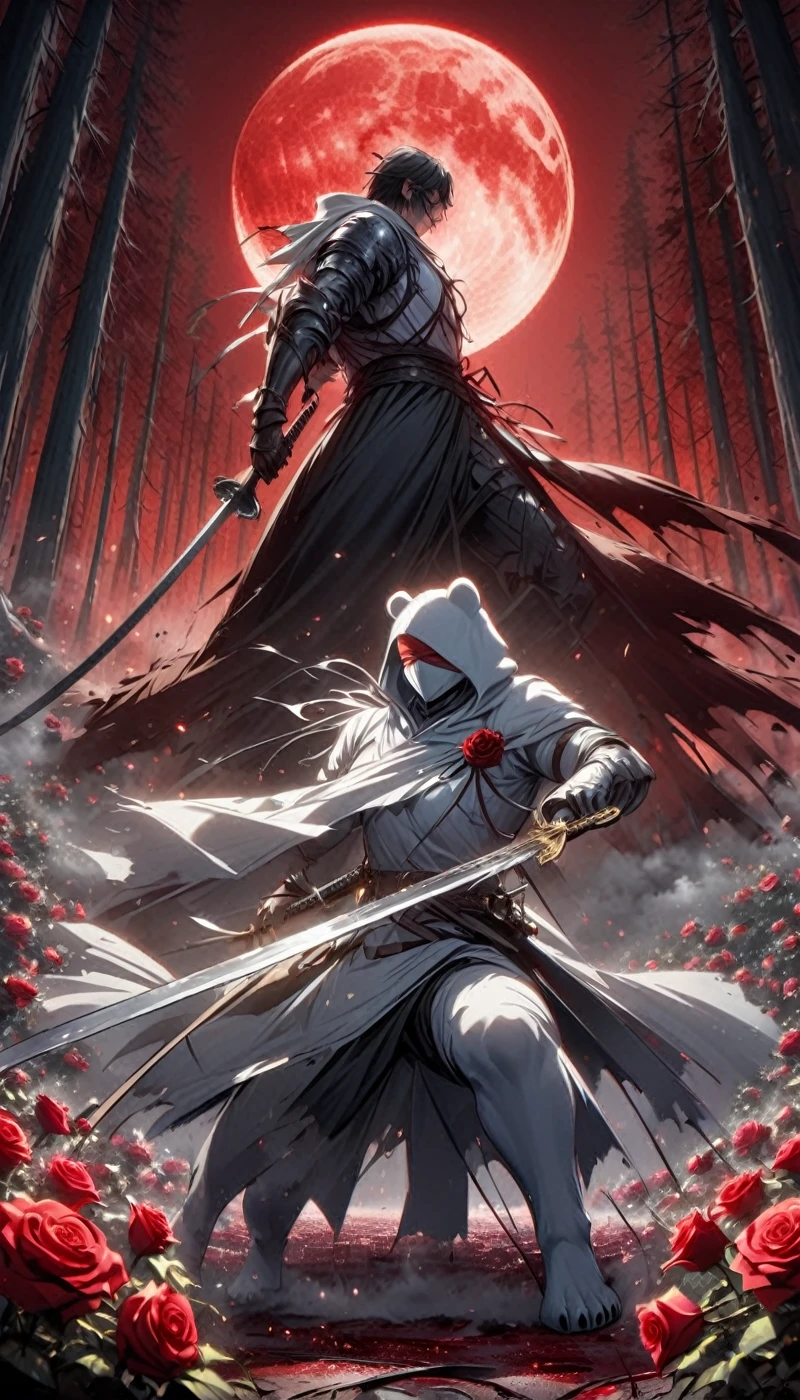 Dynamic picture, in it a man with a white hood with bear ears and a katana is riding a polar bear in a forest while the blood moon shines, many Roses cover the ground and lightning falls from the sky. The man wears a red blindfold.