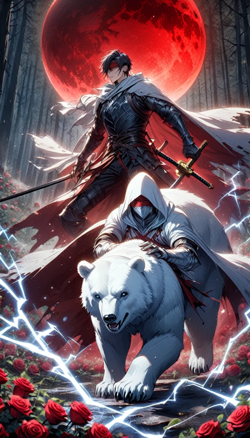 Dynamic picture, in it a man with a white hood with bear ears and a katana is riding a polar bear in a forest while the blood moon shines, many Roses cover the ground and lightning falls from the sky. The man wears a red blindfold.