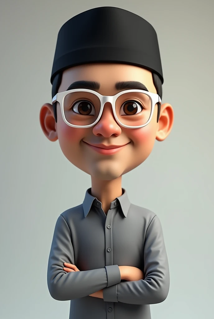 4d caricature,Indonesian man,40 tahun,kacamata, straight hair,wearing a black cap, a long-sleeved white shirt, a black blazer,cloth pants,like muslim fashion,sitting on the carpet with legs crossed,smile,plain grey background with white board behind it hyper realistic,ultrahd,super image quality, 16k