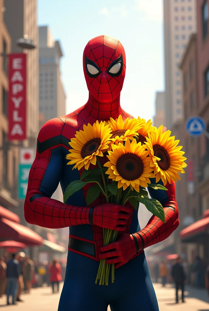Make spiderman holding a bouquet of sunflowers