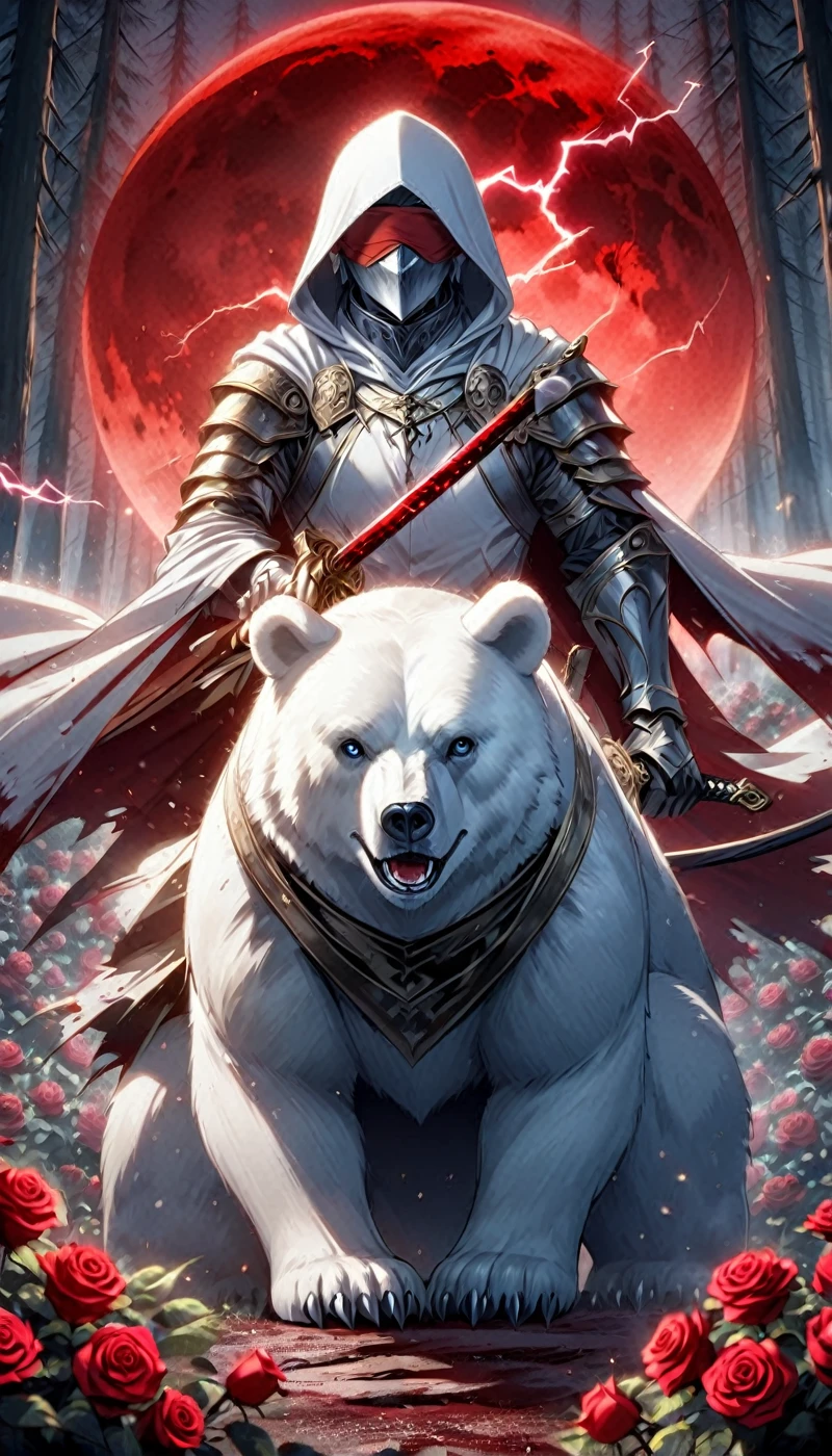 Dynamic picture, in it a man with a white hood with bear ears and a katana is riding a polar bear in a forest while the blood moon shines, many Roses cover the ground and lightning falls from the sky. The man wears a red blindfold.