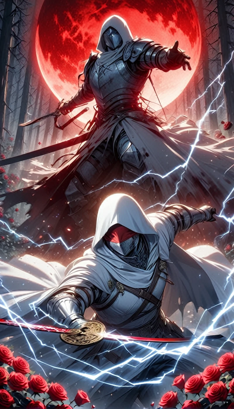 Dynamic picture, in it a man with a white hood with bear ears and a katana is riding a polar bear in a forest while the blood moon shines, many Roses cover the ground and lightning falls from the sky. The man wears a red blindfold.