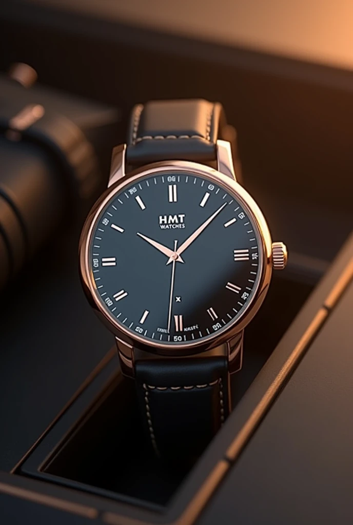 Make an 3 d model of an watche with premium quality and of 1 cr with round dial and of metal with name hmt watches
