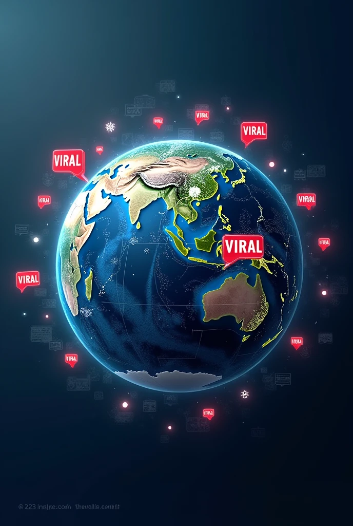 Top view of the Globe receiving notifications popping up from more than 9 country contain of word VIRAL in Caps on it realistic 3d renden