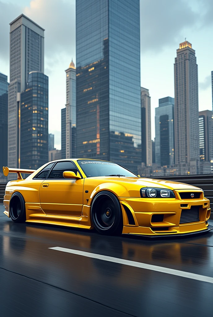 Skyline r33 yellow with bodykit and rima bbs