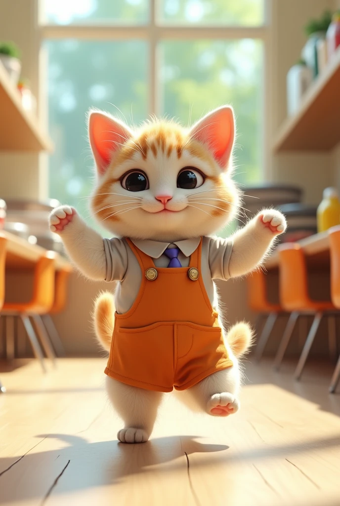 School lunch attendant kitten upright dance 3d