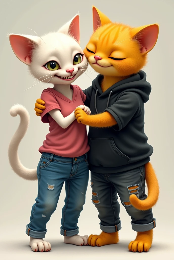 A  bony smiling white cat dressed in pink top and blue jeans supported by yellow cat dressed in tattered black hoodie and black jeans to walk