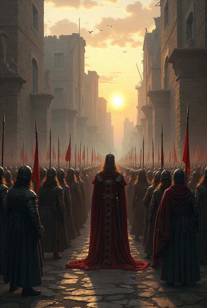 Human and magical elf troops gathering for battle in a ruined medieval city led by their human king and elf supreme sorceress at dusk