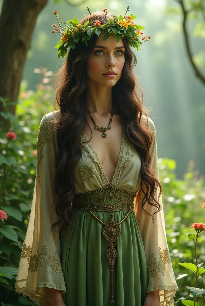 
create a tall, graceful green-eyed woman in her 30s, with a serene aura and a calm, powerful presence. her posture is elegant but also firm, reflecting her connection with nature and her responsibility as guardian of vegetation and plant life, with long, abundant hair, falling in soft waves, possibly in shades of dark brown, symbolising her connection with the earth and vegetation. Her skin may have a pale tone, reminiscent of the soft glow of plants in the sunlight, with flowing, elegant clothing, with light fabrics that move with grace, the predominant colours being greens, golds and browns, representing the flora and the earth. Her clothes can have patterns of leaves, flowers woven into the fabric and other natural motifs, wearing a crown and accessories made of flowers and branches, reinforcing her role as the protector of plants, wearing ornaments that reflect nature, such as necklaces or bracelets made of flowers, leaves or seeds, with symbols of growth and renewal, such as branches or small bushes, with an atmosphere that can be soft and calm, with a sense of growth and life. Small flowers could sprout around her, and the air could be fresh and fragrant, with a slight hint of the smell of earth after rain, with elven style from Lord of the Rings, full body panoramic view, realistic, cinematic concept art illustration, hd, 4k