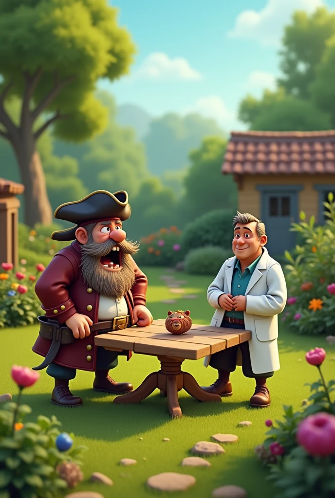 animated scene of a simple garden with a plain table. a grumpy pirate standing on one side of the table. a doctor and a gardener standing on the other. the pirate is singing. the doctor and Gardner seem annoyed by the pirate.