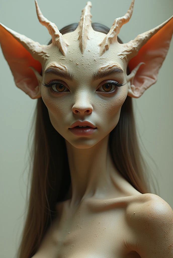 person with Earth type face, Lotus eye, medium mouth size, fine silky straight long hair, forehead with downward pointed hair line, wide forehead, normal low set brow bones, High eyebrows, eyebrows with tails pointed upwards, widely set eyebrows, eyebrows thick at start, long thick eyelashes, perfectly spaced eyes, dark brown eyes, shiny eyes, big eyes, tip of ears higher than eyebrows, upper portion of ears is pressed inside horizontally, large ears, round and big ear tips, ears with big holes, long earlobes, naked ,long fangs, small cute nipples, füll Body , fully naked, snake skin, full lips, thick lips, animal nose