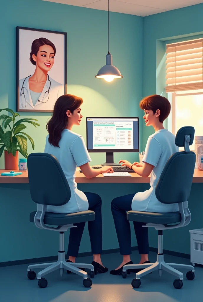 a couple of dentists in their dental office, that they are using a computer and on the screen an appointment control system, It is understood that it is a dental office with images of teeth and happy people