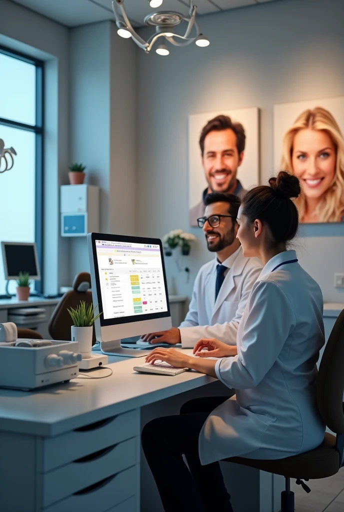 a couple of dentists in their dental office, that they are using a computer and on the screen an appointment control system, It is understood that it is a dental office with images of teeth and happy people