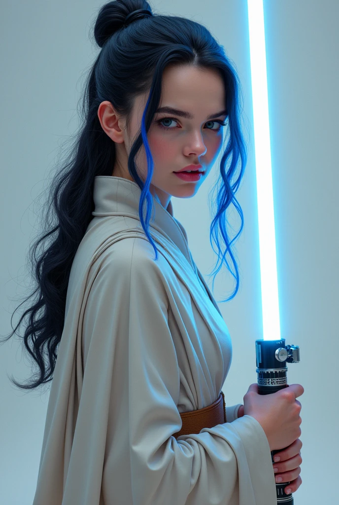 daisy ridley with blue hair tips, White lightsaber, male