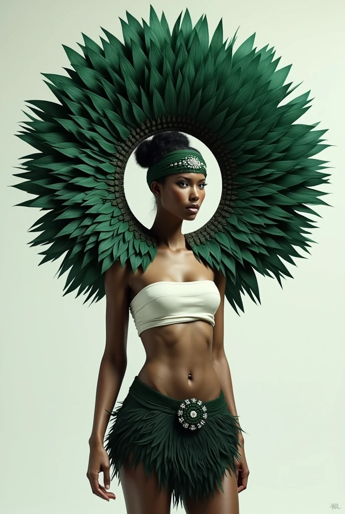 with a short skirt up to the thighs, with a dark green feather belt, white top and with the accessory composed of feathers of different shades of dark green, ranging from a deep green to slightly lighter tones, creating a shadow and depth effect. It is worn on the side of the head, held by a band that wraps around the forehead. The feathers are organized in layers that form a voluminous and prominent circular structure.. Some green feathers are complemented by white details, that contrast subtly with the dark tones, adding an extra dimension to the design. Small dark green and white beads adorn the ends of some feathers, reinforcing the handmade and detailed aspect of the accessory.