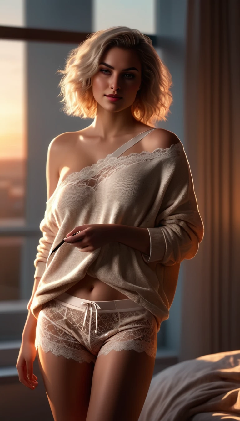 carla, ultra-realistic, standing by a window with the warm light of the sunset streaming in. She’s dressed in short shorts and an oversized sweater falling off one shoulder, revealing a hint of lace lingerie. In one hand, she holds a sleek tech device, while her expression is both confident and alluring. The natural lighting highlights her figure in a way that feels both sensual and grounded in reality.
