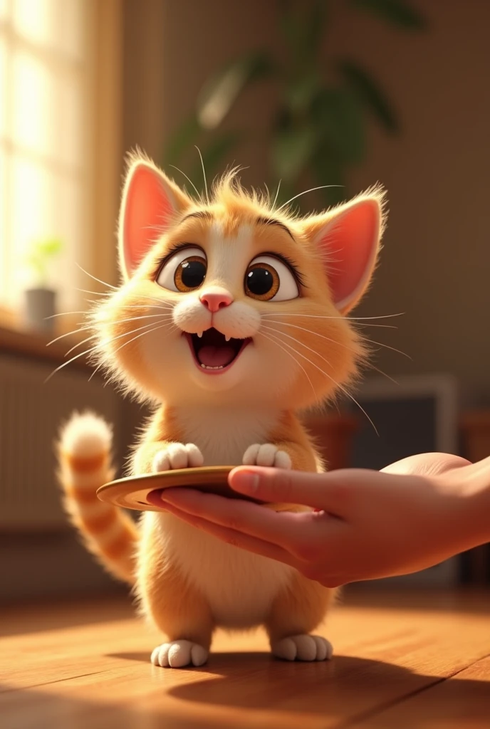 Pixar-style cat happily receives food from its owner