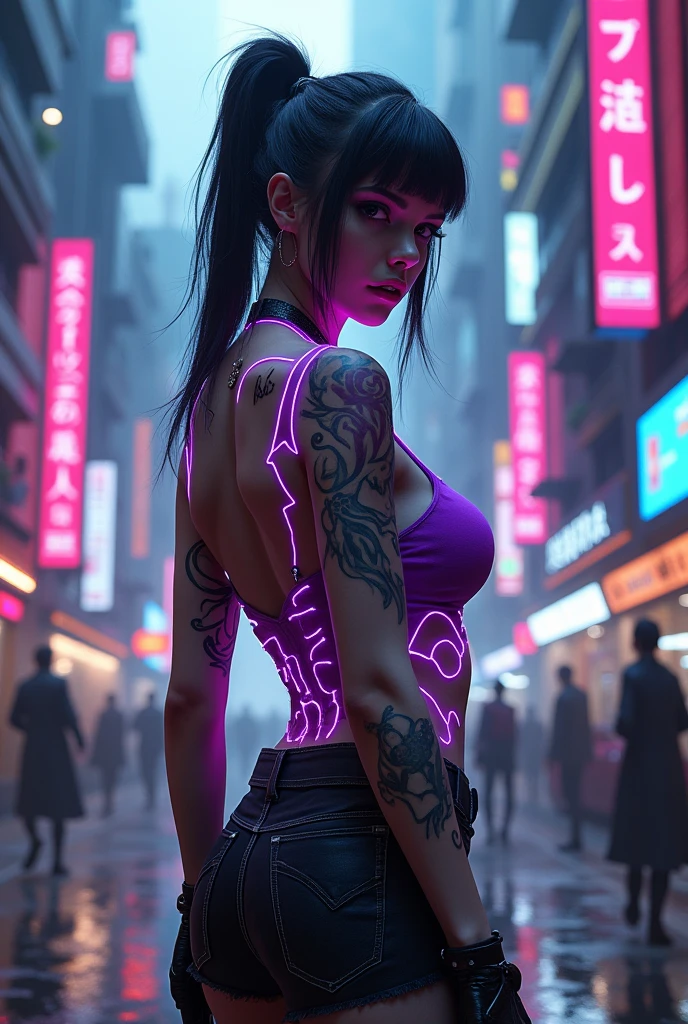 Naked, nude, pussy, masterpiece, best quality, cyberpunk girl,  bold colors and patterns, trendy and innovative hairstyle,naked, nude, dazzling Cyberpunk cityscape, skyscrapers, glowing neon signs, LED lights, anime illustration, detailed skin texture, beautiful detailed face, intricate details, ultra detailed, cinematic lighting, strong contrast,no bra, naked tits, nude, naked, pussy