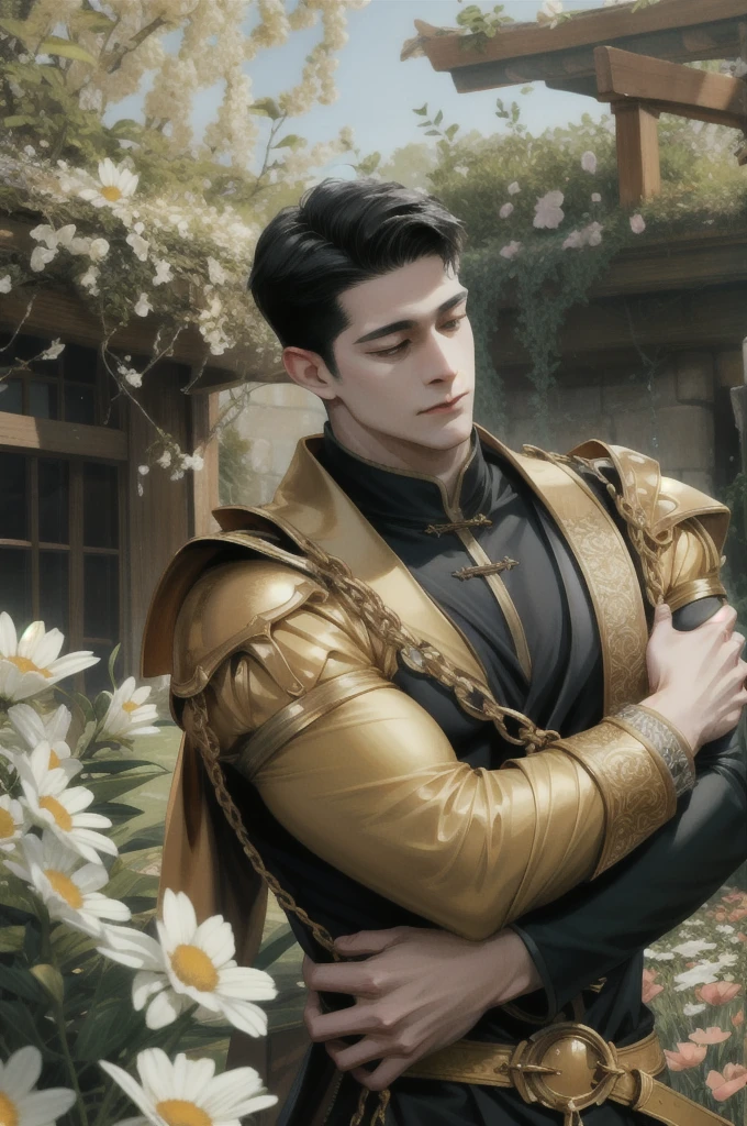 (absurdres, highres, ultra detailed), 1man hug 1man, (((multiple boys))), mature, love, hug, upper body, gold and black hair, fantasy, spring, garden, closed mouth