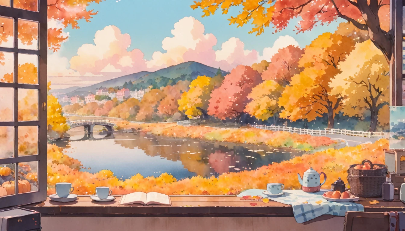 ultrawide Cozy autumn aesthetic fall,Studio ghibli inspired,Watercolor,no people,Lofi,Cute