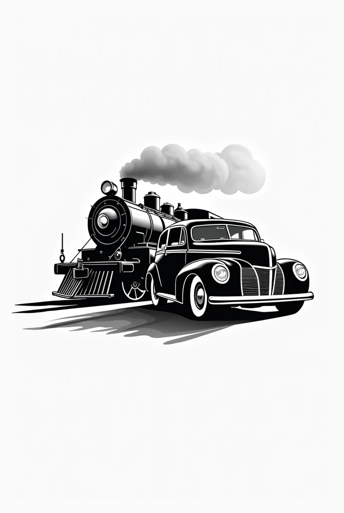 Logo with black and white images of a steam train and a classic 1940s car