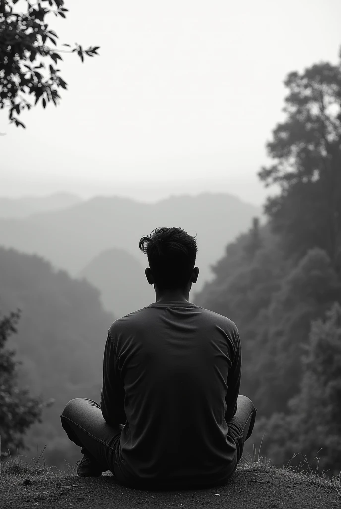 Photo of men named Pawan watching nature .photo in black and white 90s photo type.do not show the face of person show back photo with enjoying nature sitting and watching in the sky
