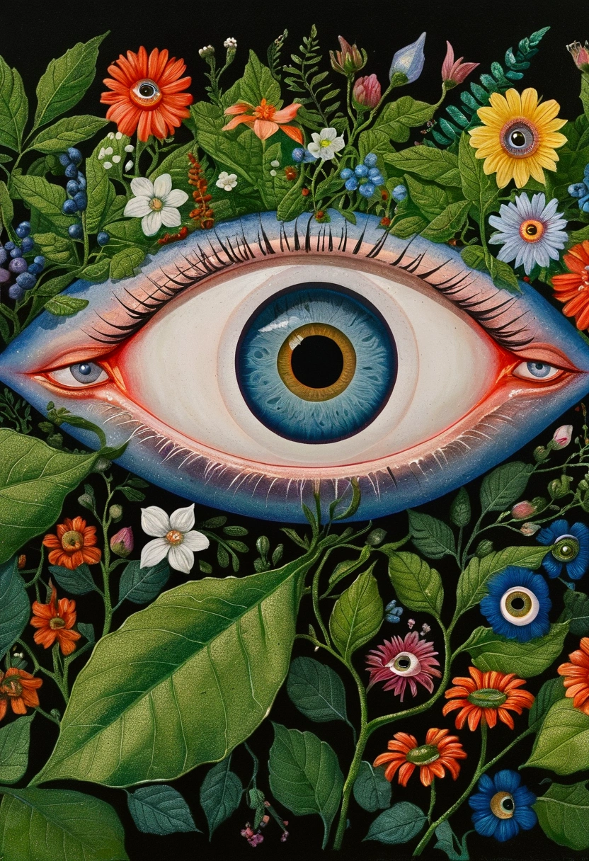 A painting，There is a blue eye in the painting，Surrounded by green leaves and flowers, Portrait of a mysterious giant eye, Very detailed and hypnotic, Mysterious Eye, Psychedelic illustration, Maxim Sukarev, All-Seeing Eye, artwork, Psychedelic surrealist art, author：Maximilian Vanka, author：Murakami Kaga, author：Lubin Baugin, big eyes, adrian borda