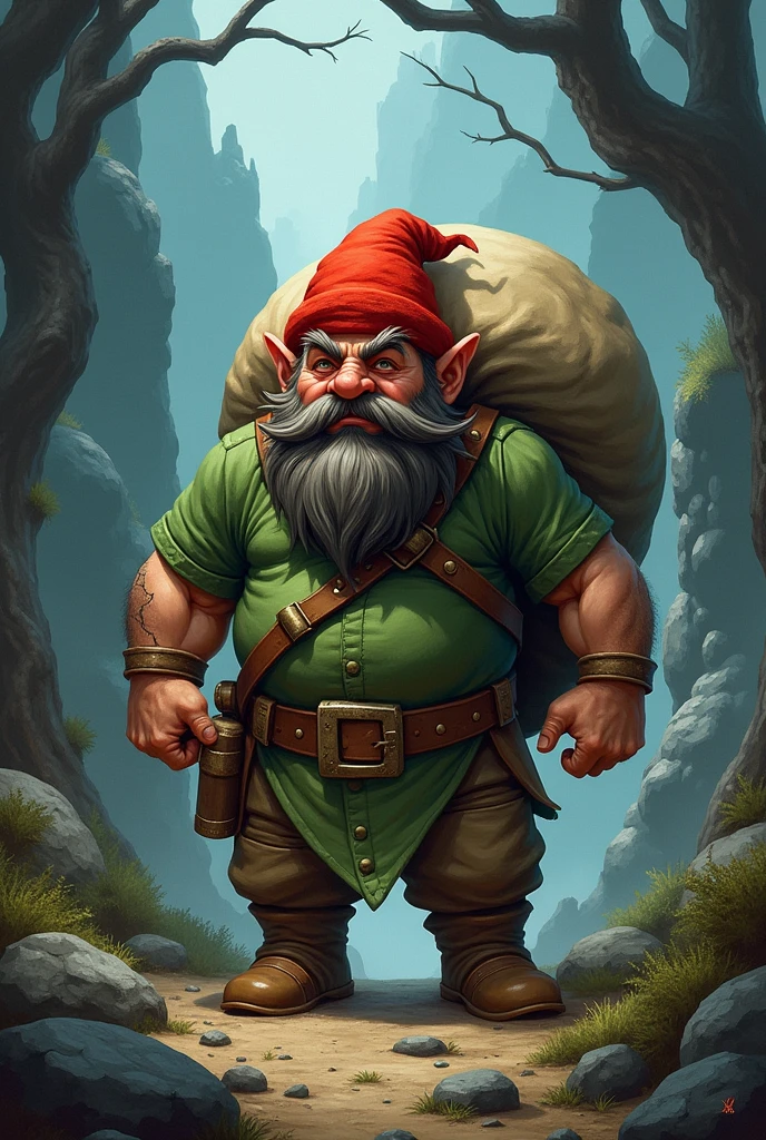 Dwarf with a red hat and green shirt, carrying a sack full of treasures. Dark fantasy stile
