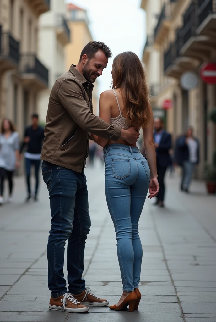 1 sexy cute 18 year old woman kissing a man,((upper body selfie, )), man grabbing women's breasts ,ashamed expression,women raising eyebrow ,masterpiece, best quality, ultra-detailed, slight mouth open ,on a busy new york street,crowd ,shadows, contrast, clear sky,  (look at viewer:1.2) (skin texture) (film grain:1.3), (warm hue, warm tone:1.2), close up, cinematic light, sidelighting, ultra high res, best shadow, RAW, upper body, man wearing shirt , exposing nipple ,showing pubic hair , exposing public hair , exposing crotch , nsfw