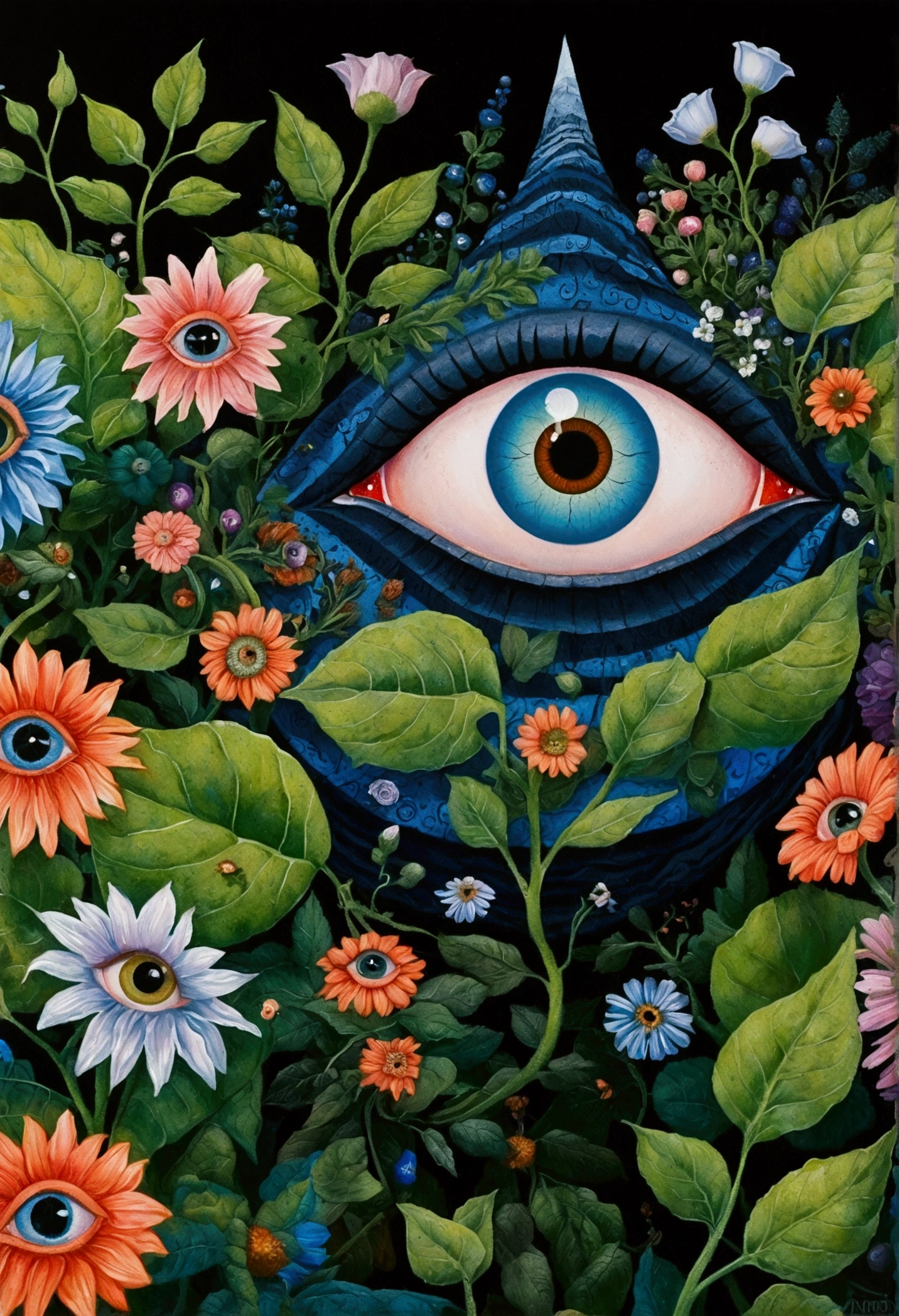 A painting,There is a blue eye in the painting,Surrounded by green leaves and flowers, Maksimilijan Vanka’s Surrealism, Recommended on Behance, Psychedelic Art, Portrait of a mysterious giant eye, Very detailed and hypnotic, Mysterious Eye, Psychedelic illustration, Maxim Sukarev, All-Seeing Eye, artwork, Psychedelic surrealist art, adrian borda, big eyes