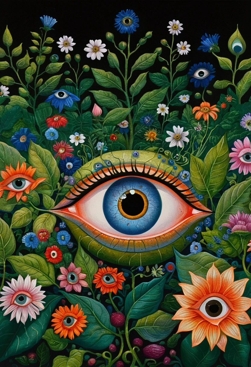 A painting,There is a blue eye in the painting,Surrounded by green leaves and flowers, Maksimilijan Vanka’s Surrealism, Recommended on Behance, Psychedelic Art, Portrait of a mysterious giant eye, Very detailed and hypnotic, Mysterious Eye, Psychedelic illustration, Maxim Sukarev, All-Seeing Eye, artwork, Psychedelic surrealist art, adrian borda, big eyes