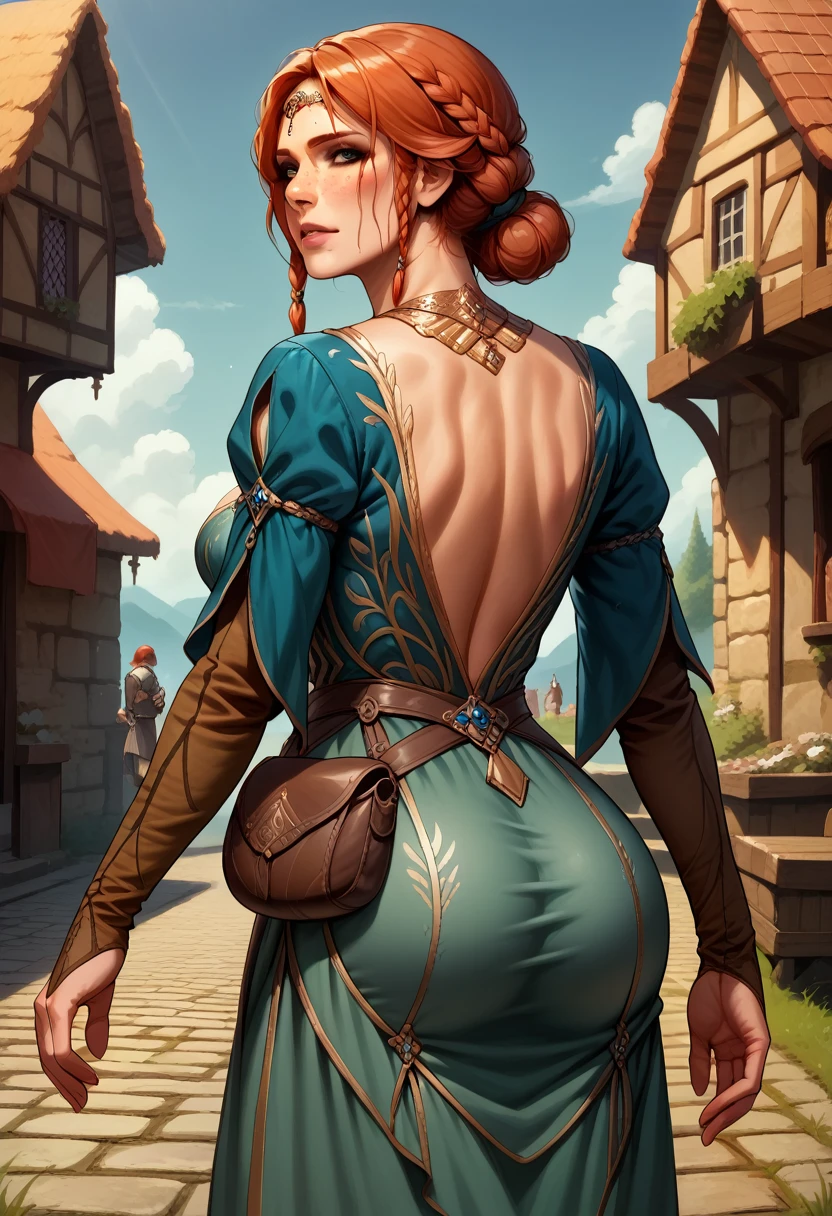 score_9, score_8_up, score_7_up, BREAK, score_9, TrssMeri, short hair, breasts, hair bun, elbow gloves, braid, dress, tiara, jewelry, freckles, pouch, looking at viewer, cowboy shot, ass, from behind, medieval, village