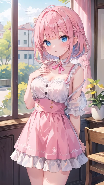 ((Browsing Caution)),Beautiful illustrations、(masterpiece、Highest quality、8k ), (Beautiful details), Highly detailed face, Perfect lighting, Highly detailed CG, (Perfect hands, Perfect Anatomy), cute,blue eyes、Large Breasts、Middle school students、14 years、Pink Hair、Straight Bangs、Thighs、Pink Hair、Straight Bangedium short Hair、cute顔, blunt bangs, Braided hair、((Tarem's eyes))、cute顔,Idol、short, Braided hair、Sexy pose,