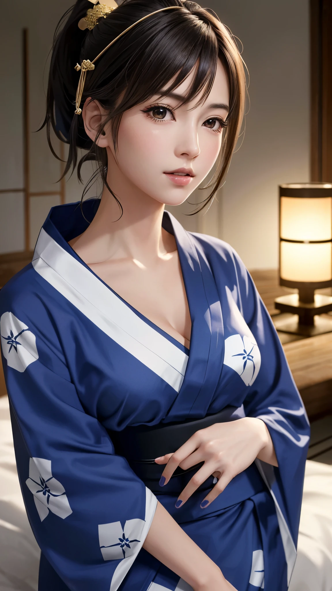 {Top Quality, Masterpiece}, (Realistic: 1.3), Wallpapers, ultra high res, ultra high quality, BREAK {{{FF7, Tifa_lockhart, solo}}},(ponytail), Ultra-detailed face, Detailed eyes, Red eyes, (black brown hair, Large breasts: 1.0), (she is wearing a beautiful yukata:1.8), About 1, {{{erotic face ,erotic mouth, erotic eyes}}}, erotic pose:1.2, blush, shy , BREAK (bedroom:1.1, futon, evening:1.5), aroused:1.2, {I want to have sex with you}, in heat