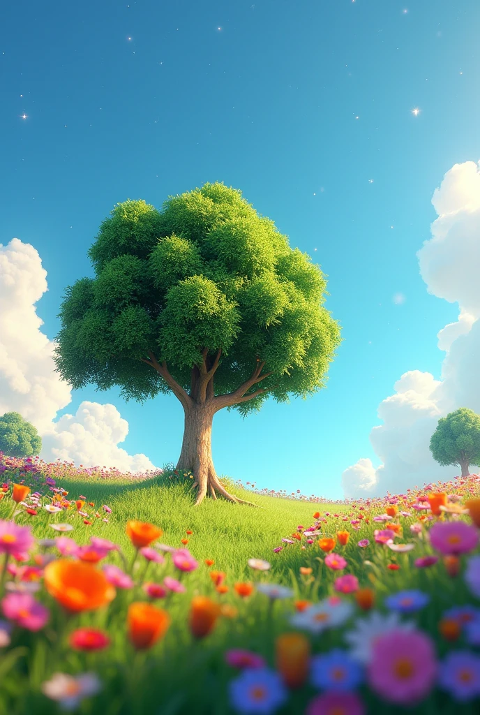 Viral anime nature wallpaper in 4K quality, in the style of Pixar 3D inspired by Toy Story, showcasing a lush meadow filled with colorful wildflowers, a clear blue sky with fluffy clouds, and a single majestic tree standing in the middle; bright and cheerful color temperature, cosmos lighting with stars twinkling in the sky, no human characters, the atmosphere is whimsical and joyful --v 5 --stylize 1000