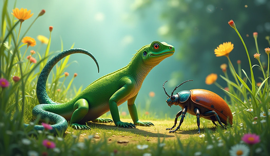 A lizard,  a snake and a beetle in a green grassland setting.