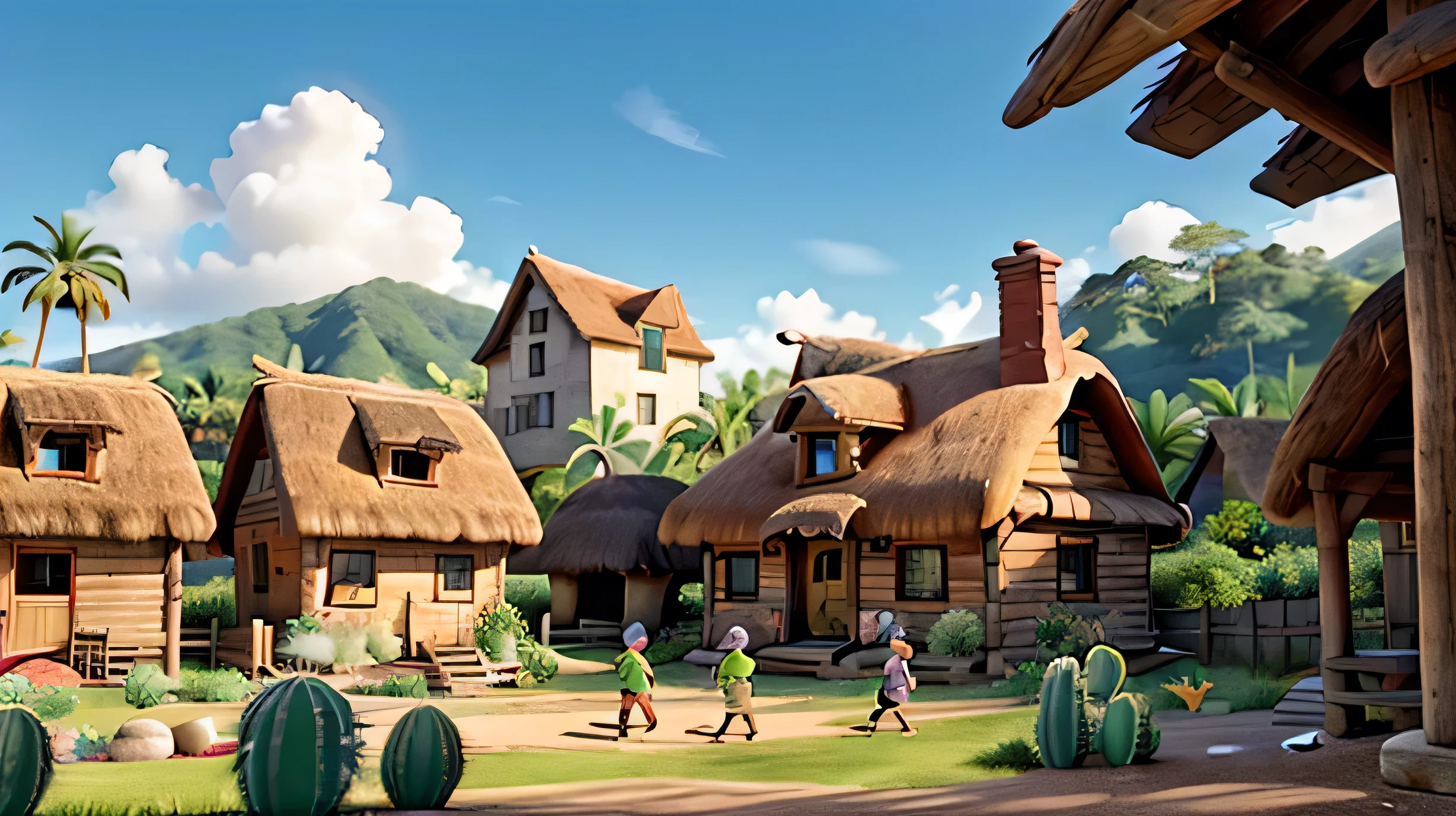 Design a lively scene set in a rustic village with a simple, charming feel. In the foreground, include three blank spaces for future customization. The village should be full of life, with children playing traditional games in a large open space, surrounded by small houses with thatched roofs. Incorporate natural elements like palm trees, banana plants, waterfall in the background far away, and cactus to create a warm and inviting environment. The children should be engaged in joyful activities that evoke a sense of community and cultural richness. The overall atmosphere should be cheerful and full of energy, with vibrant colors and a sunny, clear sky.