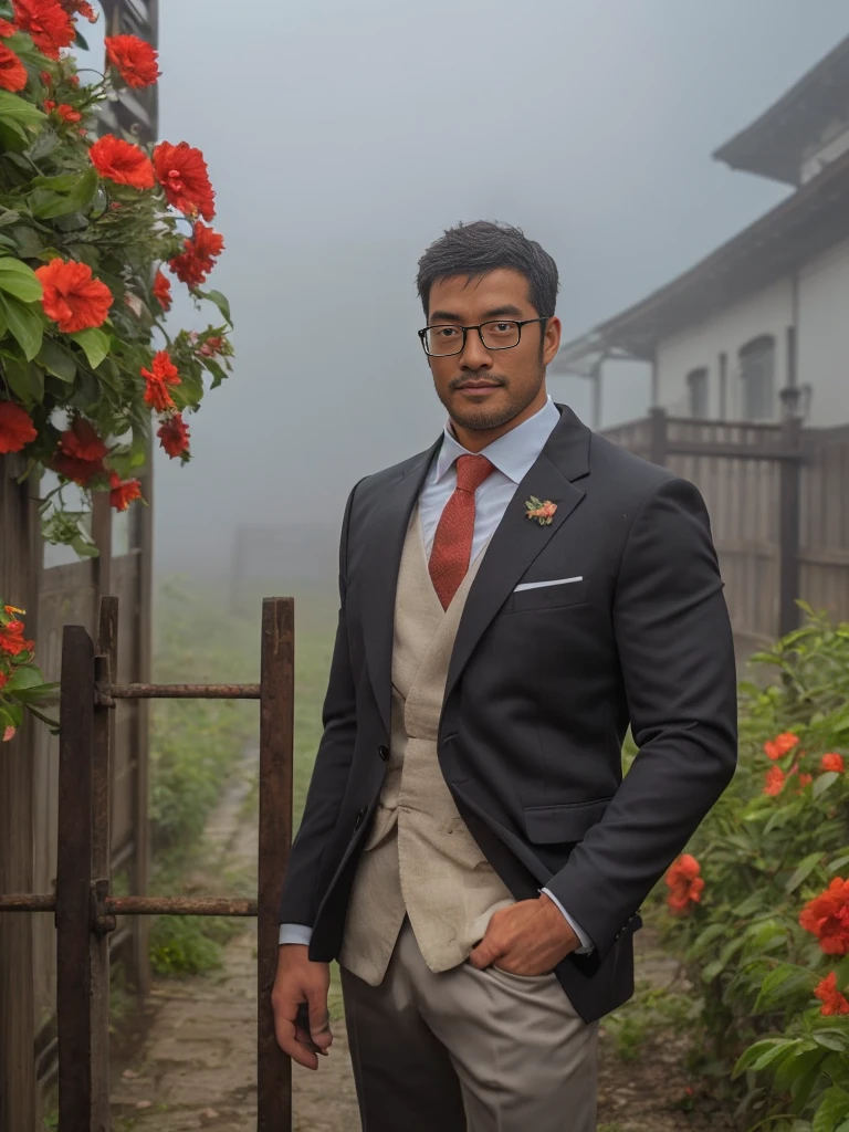 solo, crew cut, (((full body))), mature man, [slightly fat], asian man, brown eyes, rounded face, glasses, slightly balding, (((stubbles, Short beard))), (((full beard))), (Beautiful eyes:1.3), (Detailed face:1.3), (((man standing in front of the gate))), red flowers in the fence, gothic suit, (((fog))), photography, realistic, sad, house in the background, dark and cloudy, gray cloud, (((fence gate)))