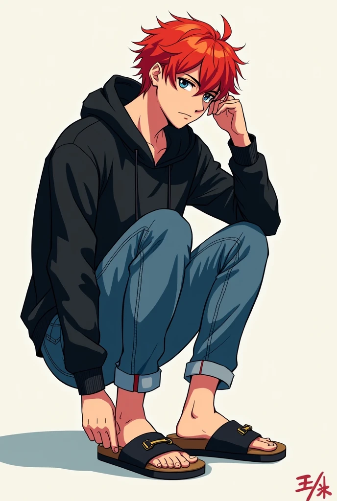 The cover of the product is an anime style with a red-haired man wearing a black hoodie and jeans, trying on sandals.