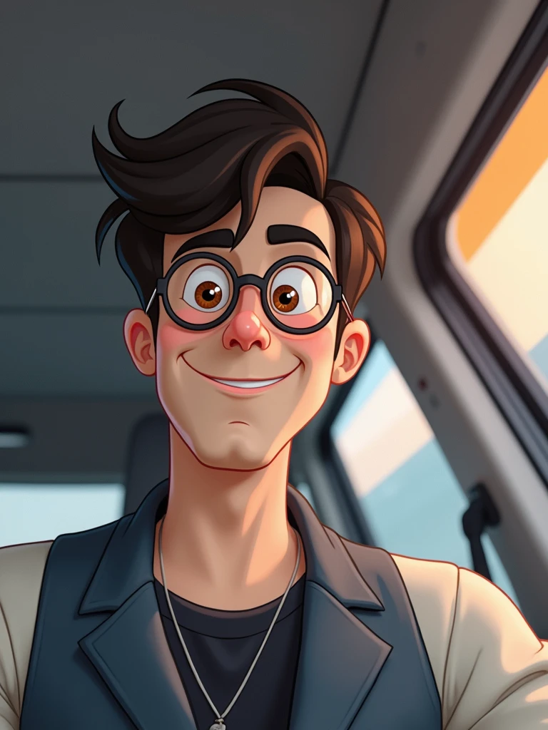 I want a man with thick eyebrows and full mouth with round glasses in animation style and Black Brown eyes and a Very short hair and a smile
