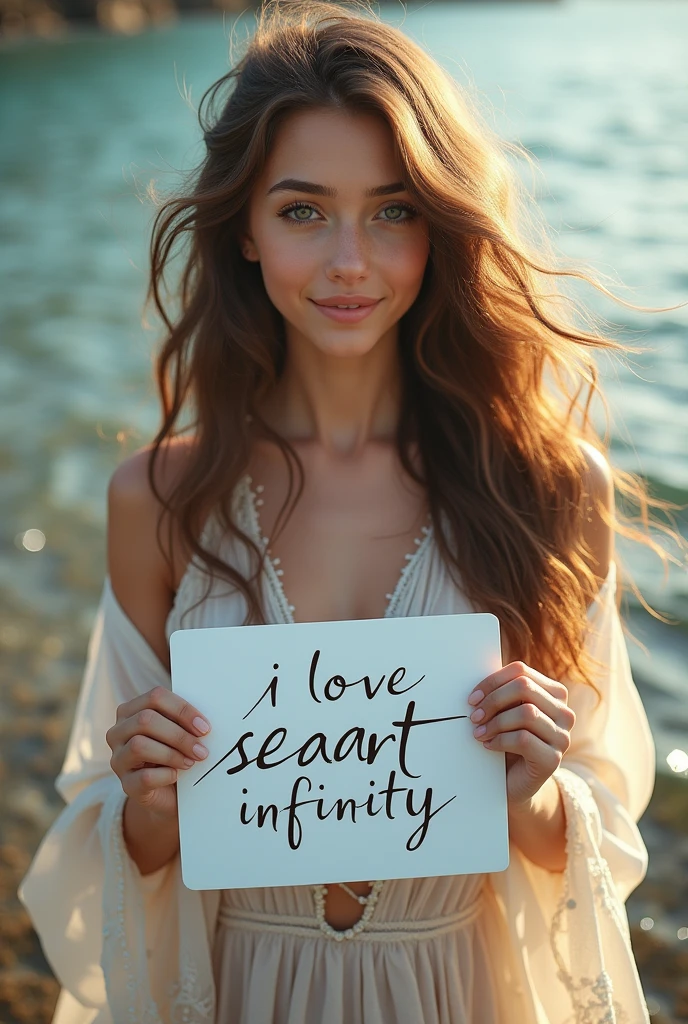 Beautiful girl with wavy long hair, bohemian dress, holding a white board with text "I Love Seaart Infinity" and showing it to the viewer