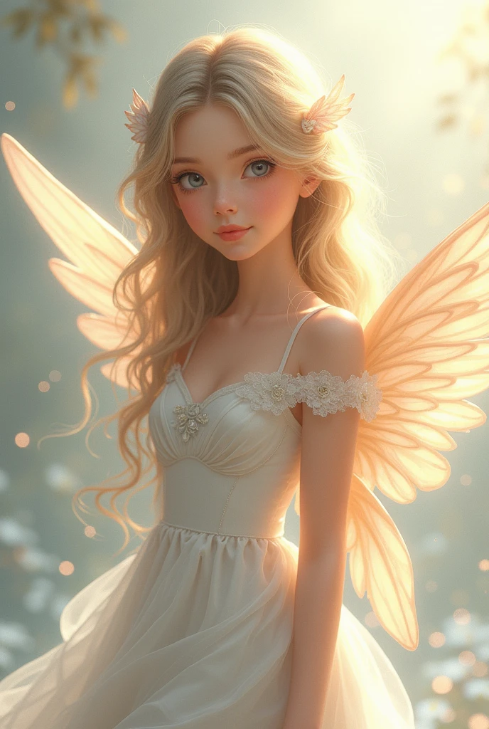 an illustration depicting a fairy with wings and the words angel on it, 1girl, dress, solo, long hair, smile, looking at viewer, skirt hold , (best quality, masterpiece, ultra-detailed, illustration:1.2),(8K wallpaper),(beautiful detailed eyes:1.2), beautiful, amazing, detailed eyes, (detailed skin)