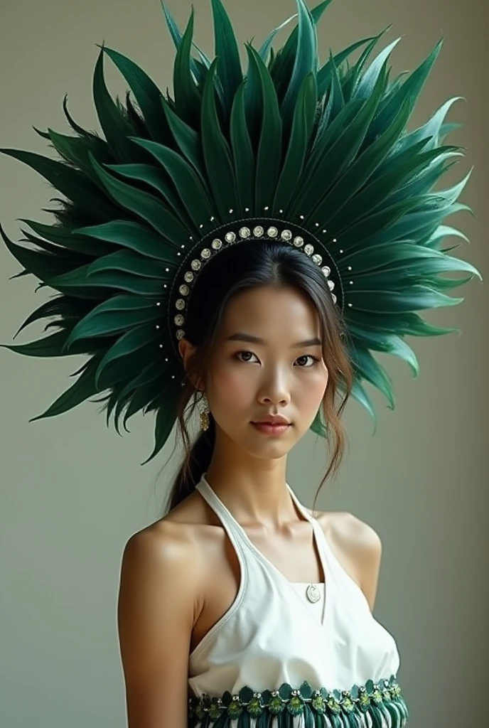  with a short skirt reaching the thighs in white, with a belt made of green and dark feathers, white top and with the accessory composed of feathers of different shades of dark green, ranging from a deep green to slightly lighter tones, creating a shadow and depth effect. It is worn on the side of the head, held by a band that wraps around the forehead. The feathers are organized in layers that form a voluminous and prominent circular structure.. Some green feathers are complemented by white details, that contrast subtly with the dark tones, adding an extra dimension to the design. Small dark green and white beads adorn the ends of some feathers, reinforcing the handmade and detailed aspect of the accessory.